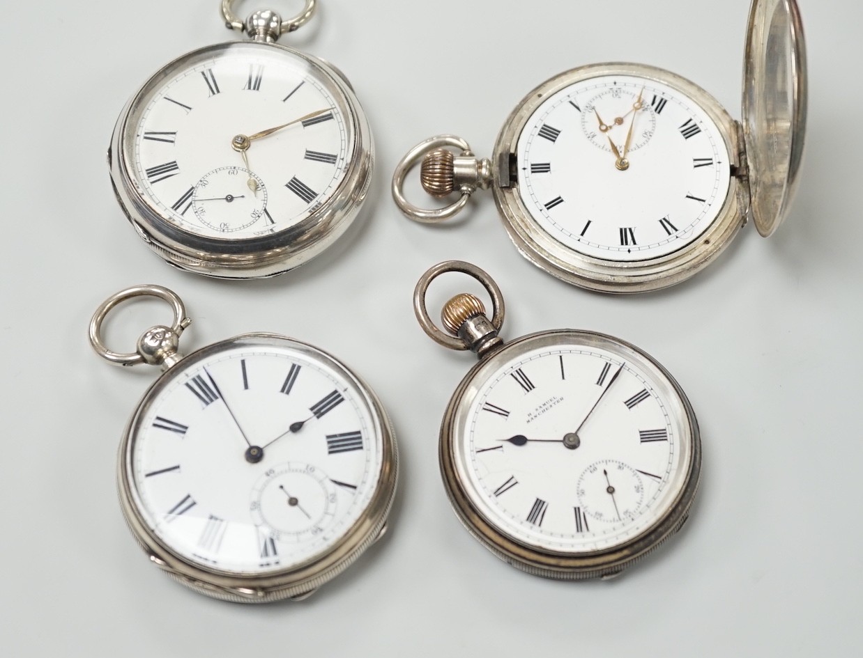 Three assorted Victorian and later silver open face pocket watches, including keywind and keyless and a silver hunter pocket watch.